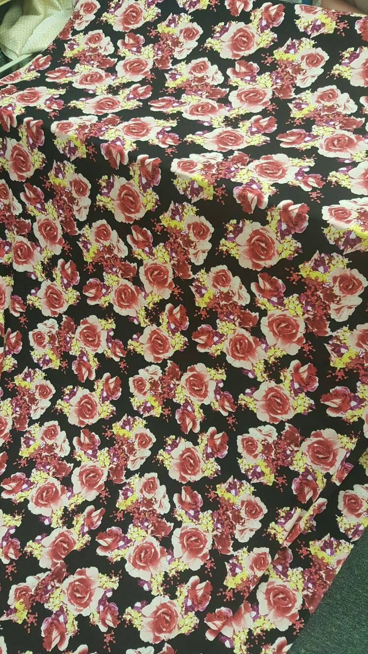 Stretch Liverpool Floral Fabric Black Pink Yellow