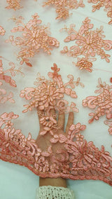 Embroidered Coral Lace Floral Flowers Gold Cord