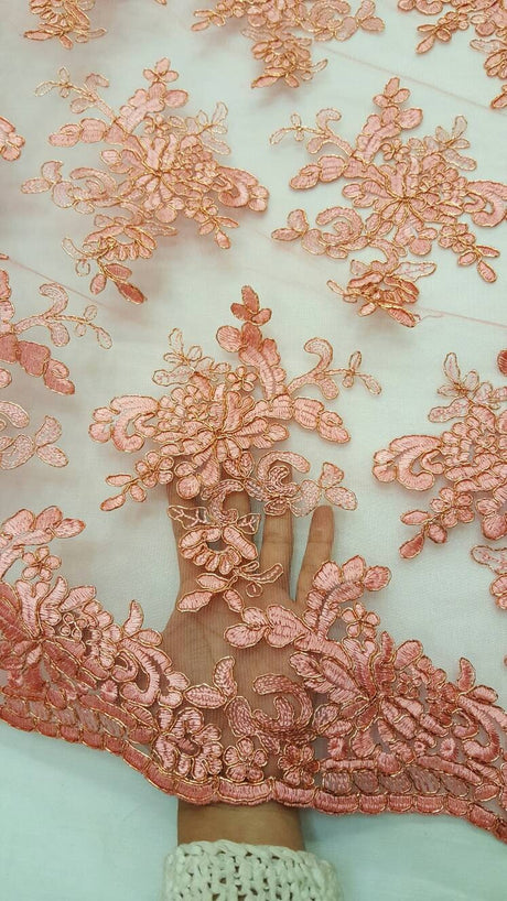 Embroidered Coral Lace Floral Flowers Gold Cord