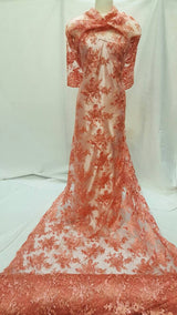 Embroidered Coral Lace Floral Flowers Gold Cord