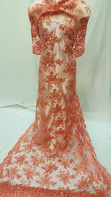 Embroidered Coral Lace Floral Flowers Gold Cord