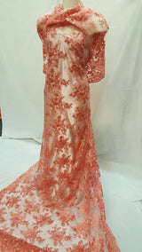 Embroidered Coral Lace Floral Flowers Gold Cord