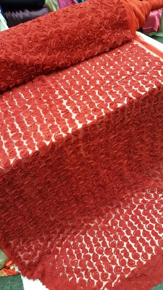 Floral Lace Chiffon on Mesh Red