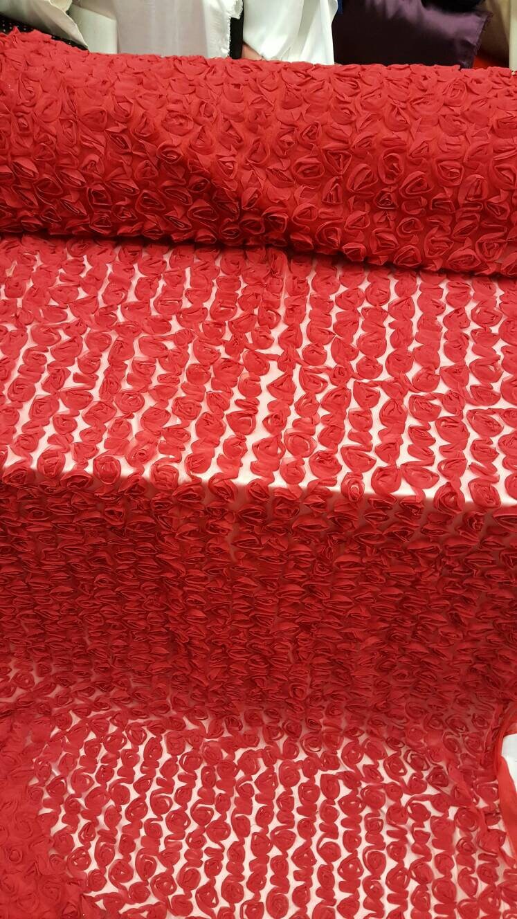 Floral Lace Chiffon on Mesh Red