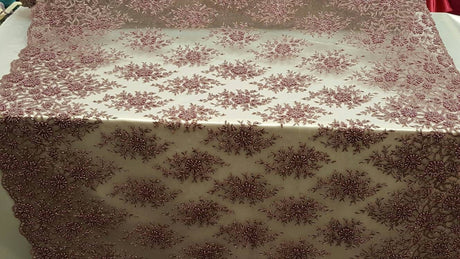 Beaded Lace Mauve Floral Pearl Mesh