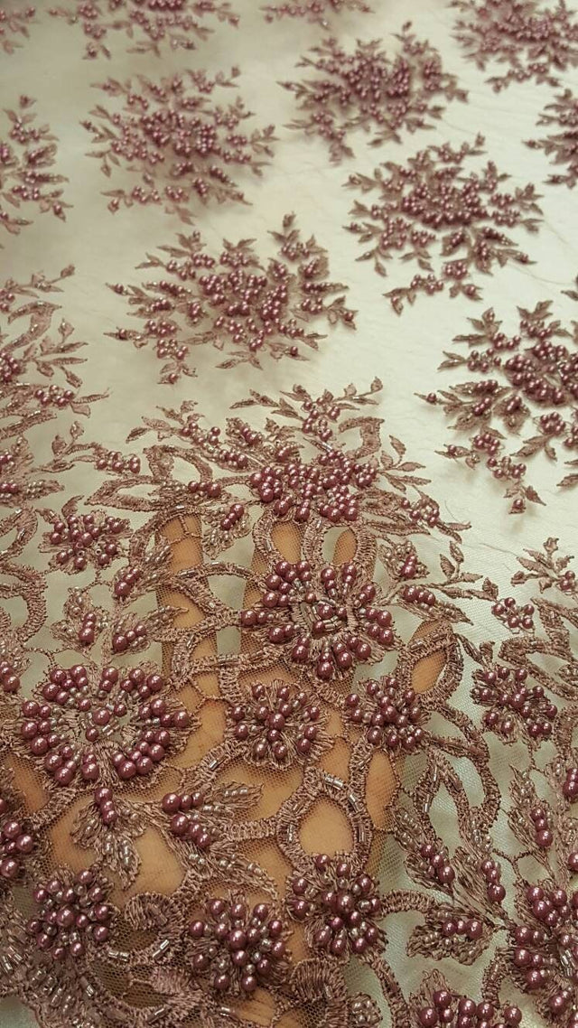 Beaded Lace Mauve Floral Pearl Mesh
