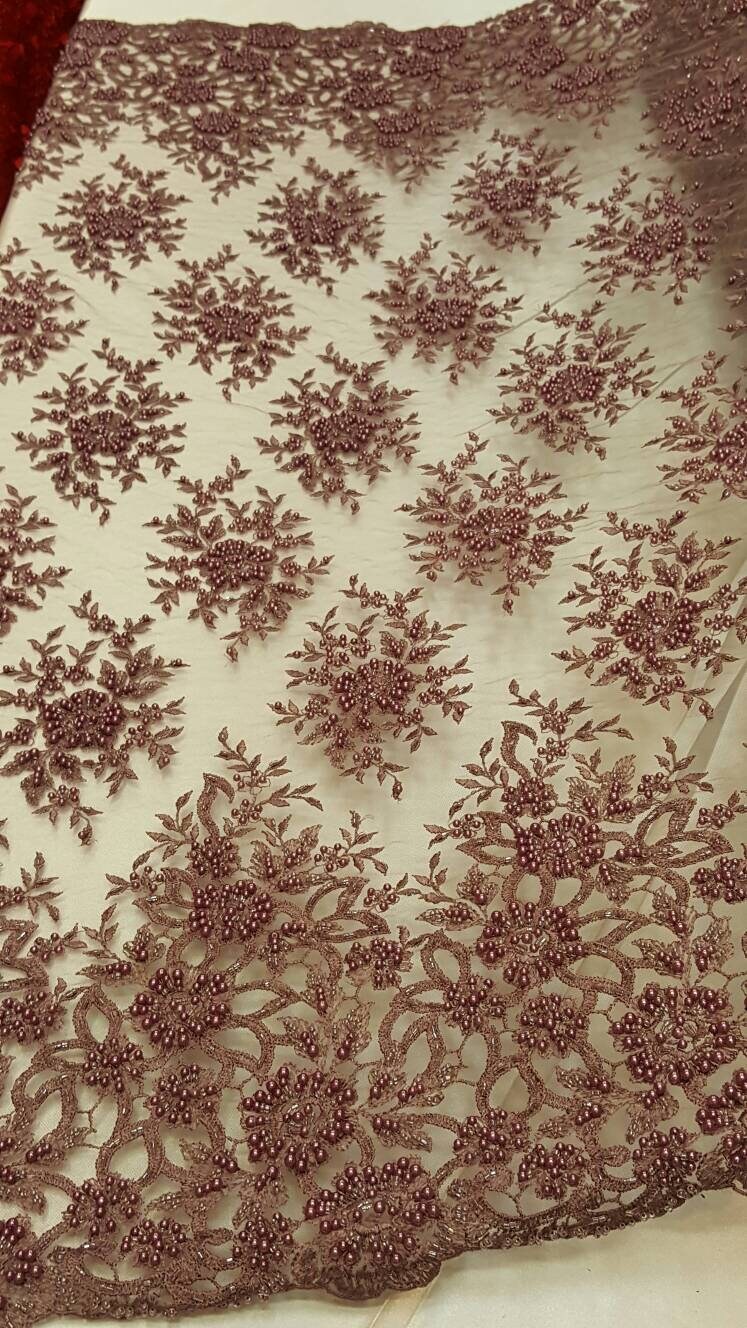 Beaded Lace Mauve Floral Pearl Mesh