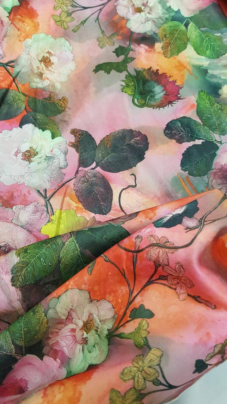 Floral Spandex Stretch Fabric Orange Pink Green