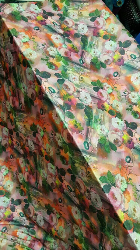 Floral Spandex Stretch Fabric Orange Pink Green