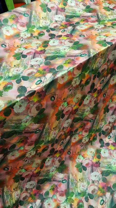 Floral Spandex Stretch Fabric Orange Pink Green