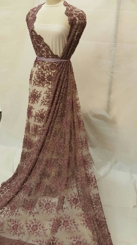 Beaded Lace Mauve Floral Pearl Mesh
