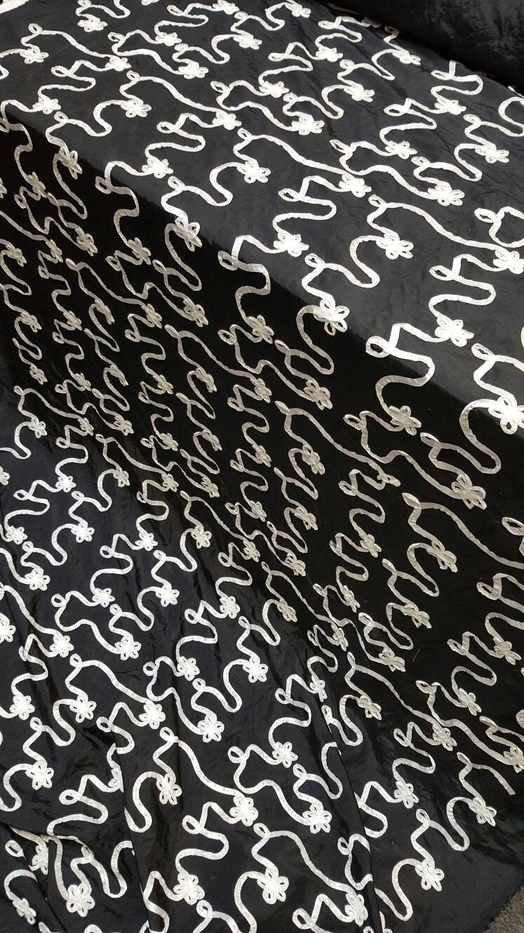Embroidered Taffeta Black White Floral