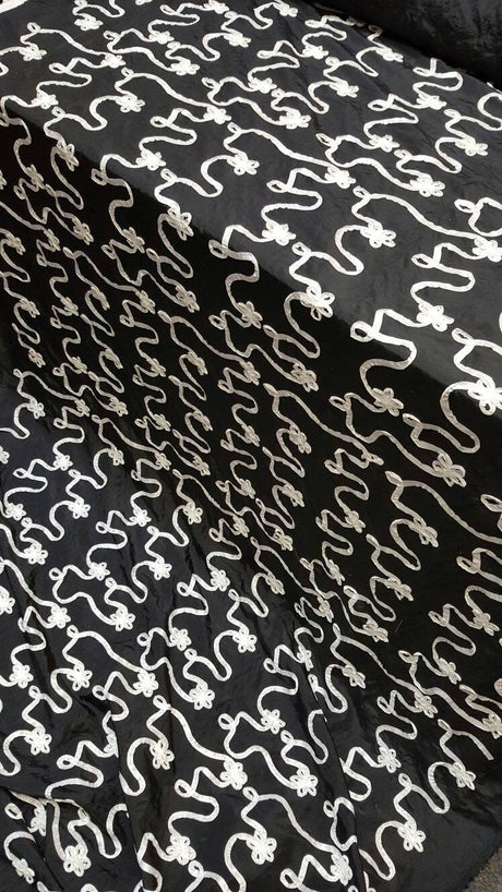 Embroidered Taffeta Black White Floral
