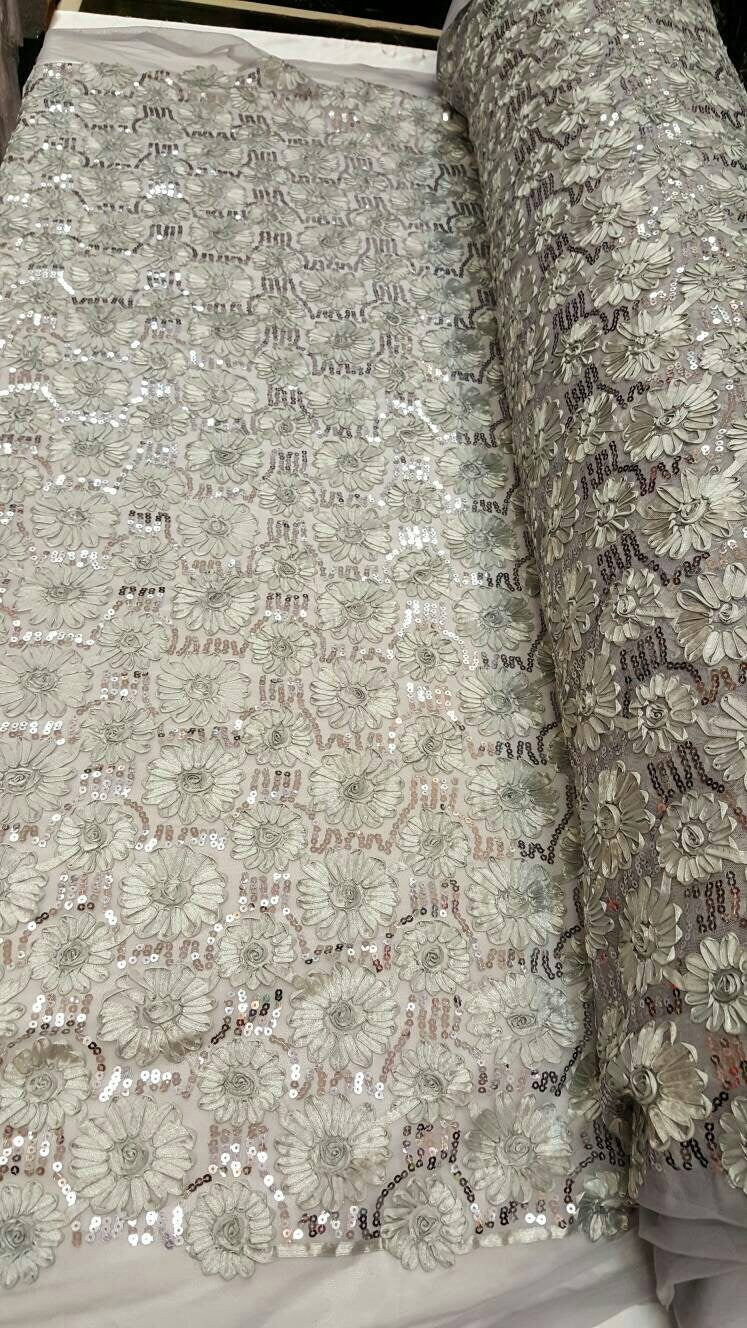 Sequin Lace Embroidered Floral Mesh Silver Gray