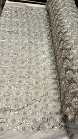 Sequin Lace Embroidered Floral Mesh Silver Gray