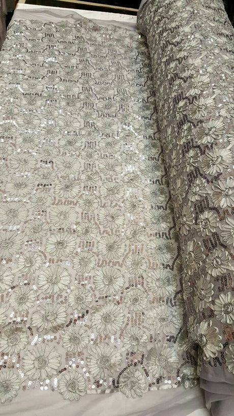 Sequin Lace Embroidered Floral Mesh Silver Gray