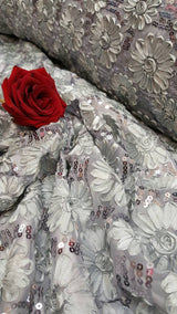 Sequin Lace Embroidered Floral Mesh Silver Gray