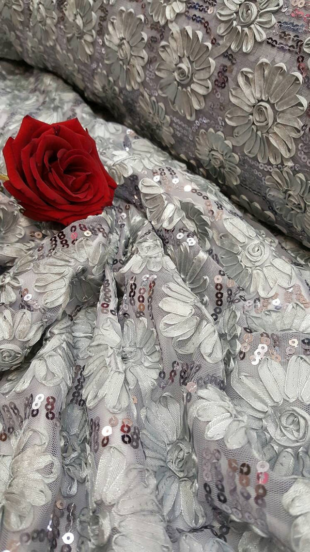 Sequin Lace Embroidered Floral Mesh Silver Gray