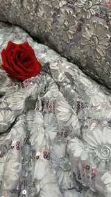 Sequin Lace Embroidered Floral Mesh Silver Gray