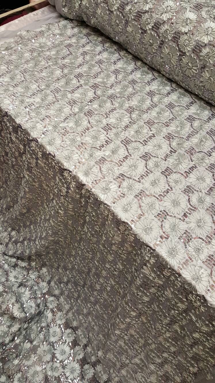 Sequin Lace Embroidered Floral Mesh Silver Gray