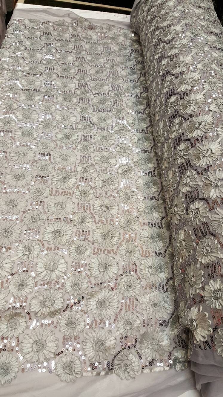 Sequin Lace Embroidered Floral Mesh Silver Gray