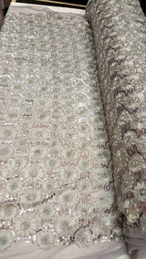 Sequin Lace Embroidered Floral Mesh Silver Gray