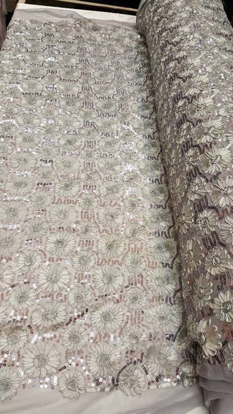 Sequin Lace Embroidered Floral Mesh Silver Gray