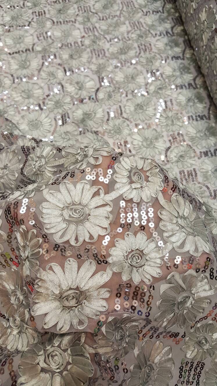 Sequin Lace Embroidered Floral Mesh Silver Gray