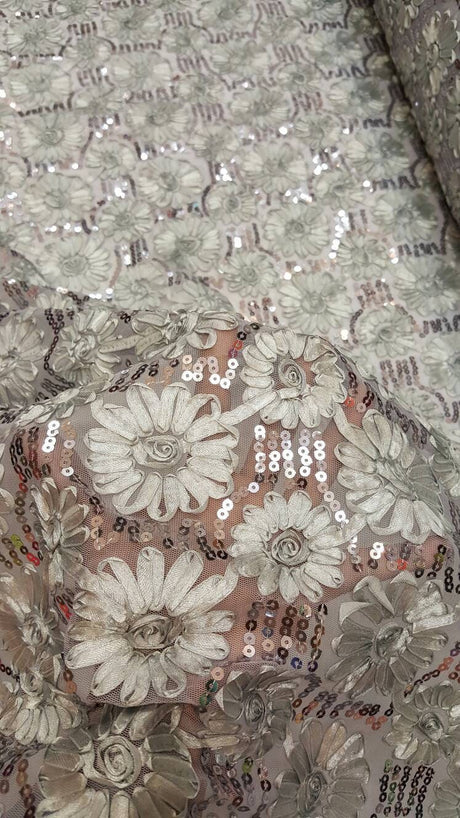 Sequin Lace Embroidered Floral Mesh Silver Gray
