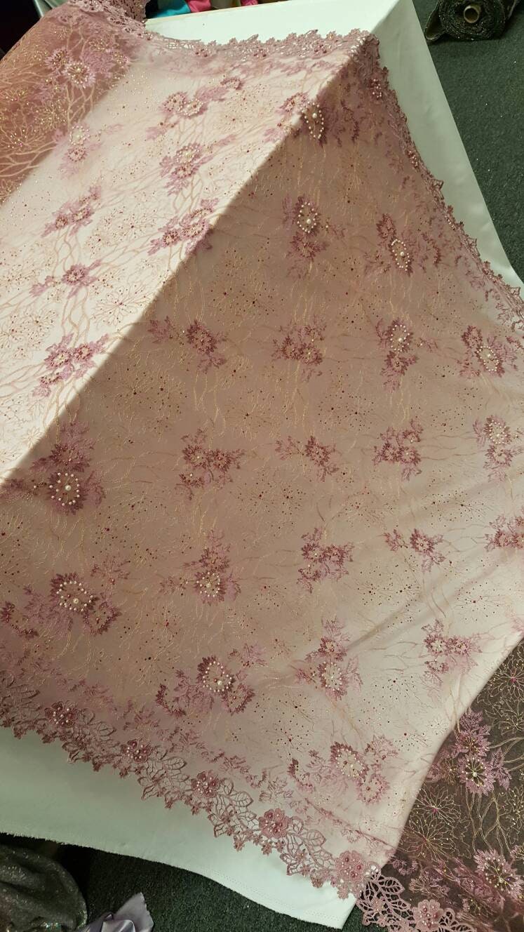 Hand Beaded Lace Mauve Floral Double Scalloped