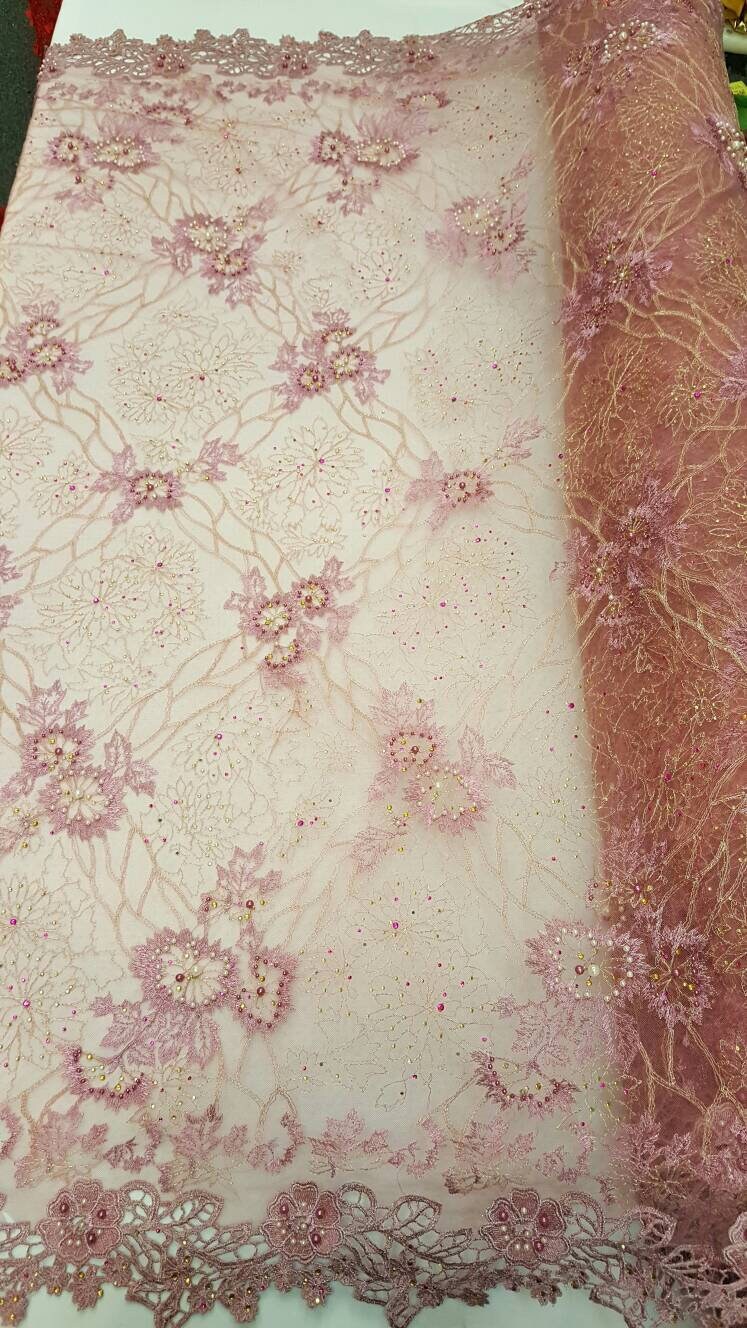 Hand Beaded Lace Mauve Floral Double Scalloped