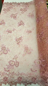 Hand Beaded Lace Mauve Floral Double Scalloped