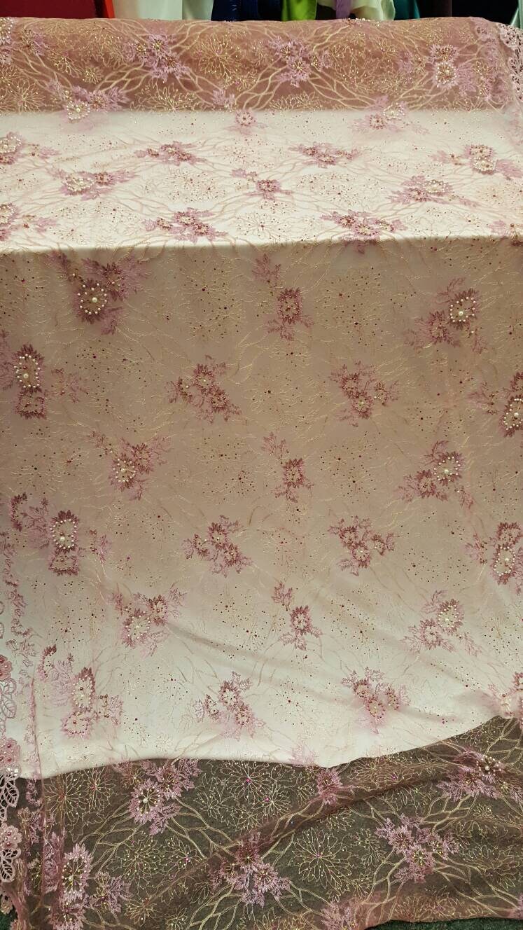 Hand Beaded Lace Mauve Floral Double Scalloped