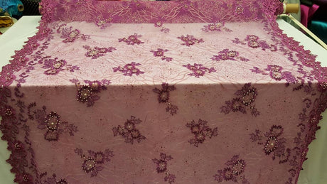 Beaded Lace Floral Magenta Mesh