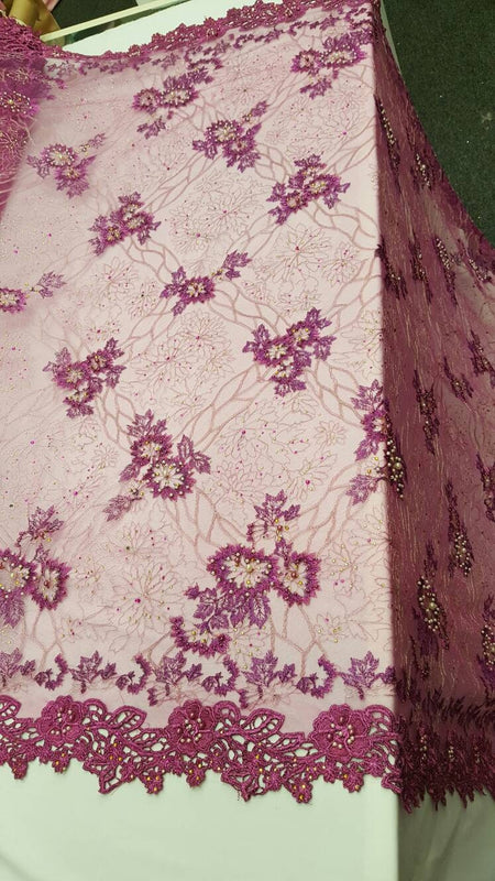 Beaded Lace Floral Magenta Mesh
