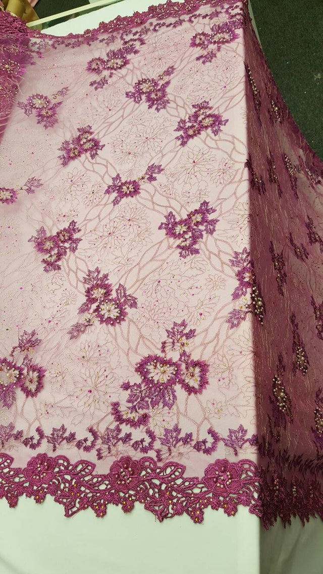 Beaded Lace Floral Magenta Mesh