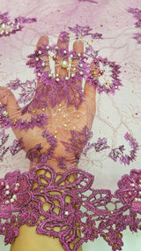 Beaded Lace Floral Magenta Mesh