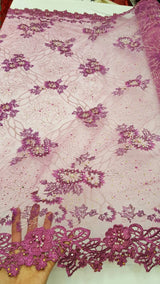 Beaded Lace Floral Magenta Mesh
