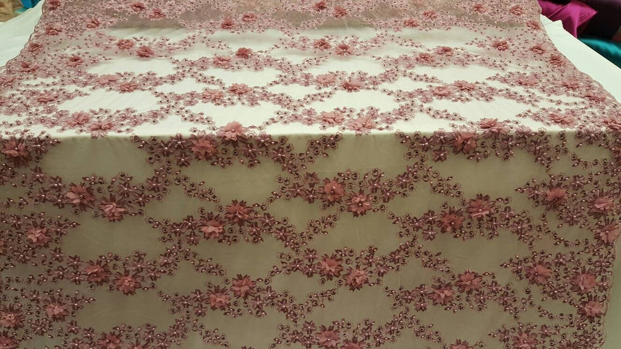 3D Floral Lace Mauve Pink Hand Beaded Embroidered