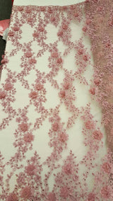 3D Floral Lace Mauve Pink Hand Beaded Embroidered