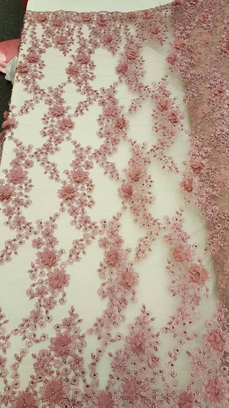 3D Floral Lace Mauve Pink Hand Beaded Embroidered