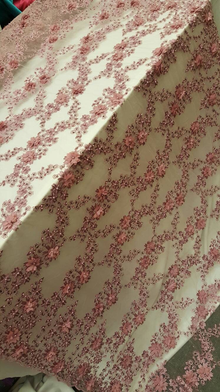 3D Floral Lace Mauve Pink Hand Beaded Embroidered