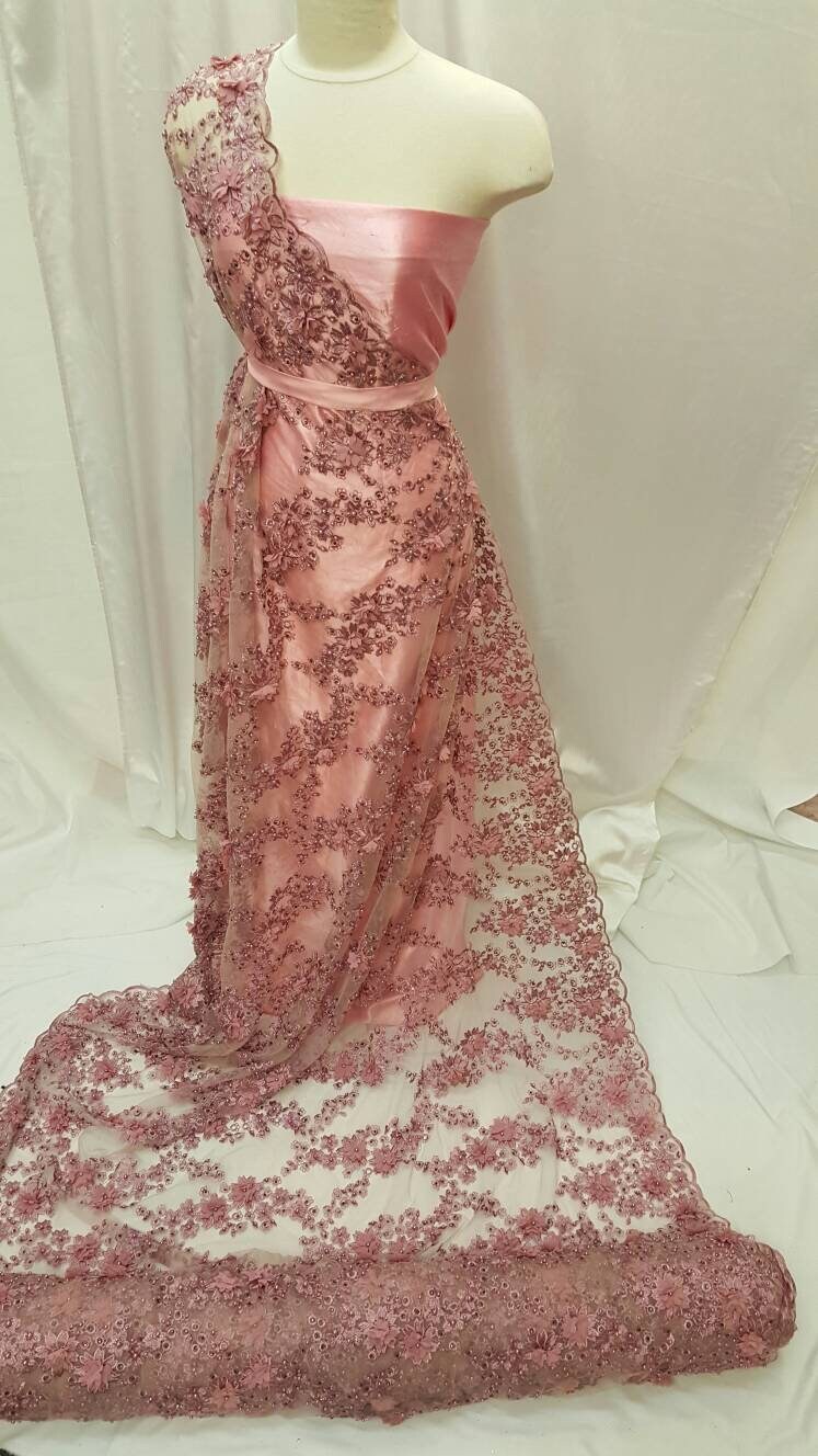 3D Floral Lace Mauve Pink Hand Beaded Embroidered