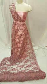 3D Floral Lace Mauve Pink Hand Beaded Embroidered