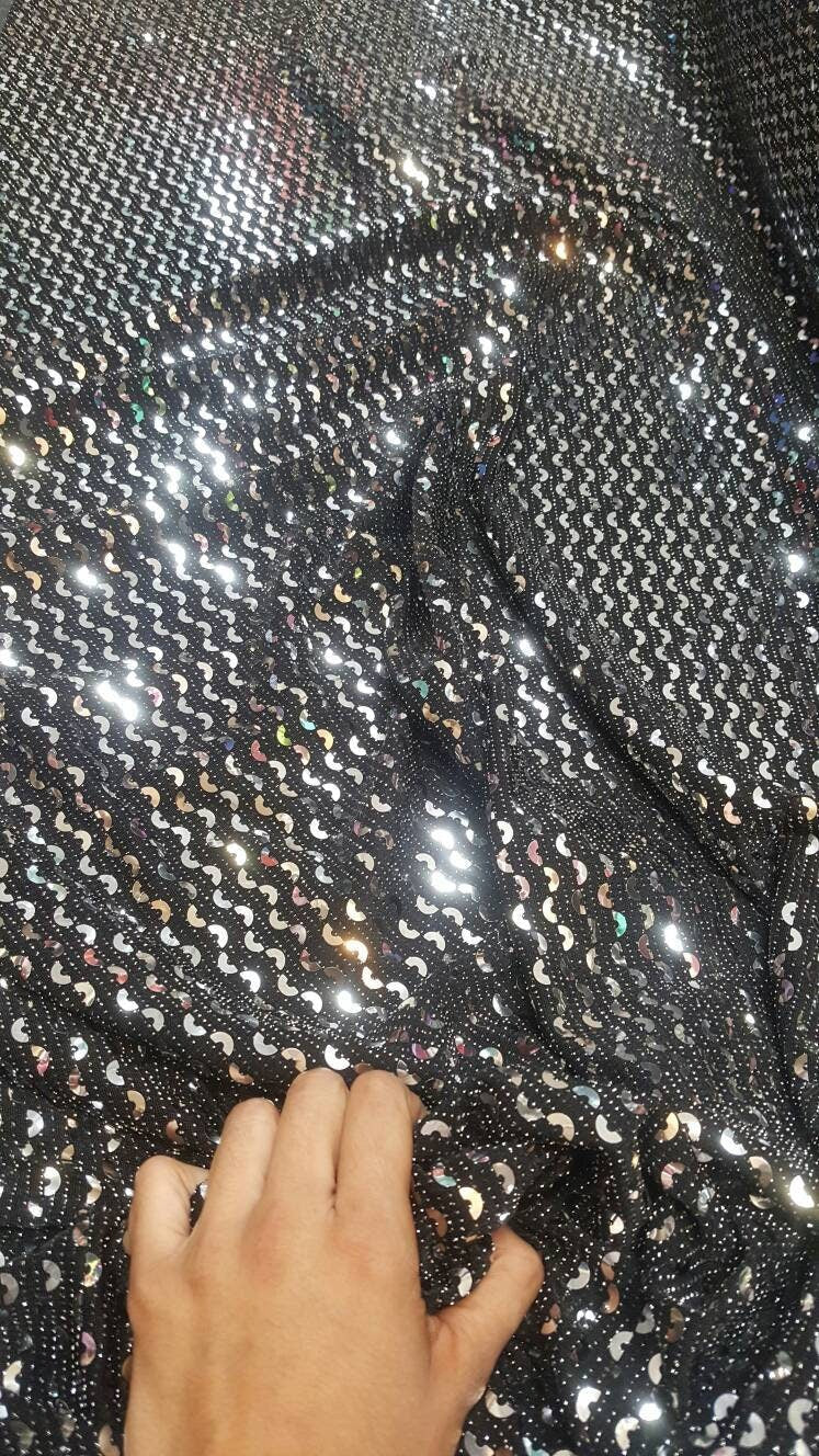 Silver Sequin Stretch Fabric on Black