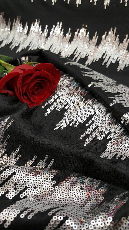 Sequin Stretch Jersey Knit Fabric Silver on Black