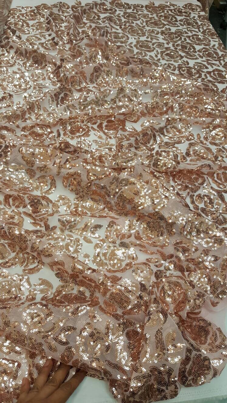 Sequin Lace Fabric on Blush Mesh
