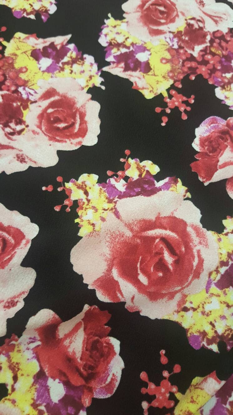 Stretch Liverpool Floral Fabric Black Pink Yellow