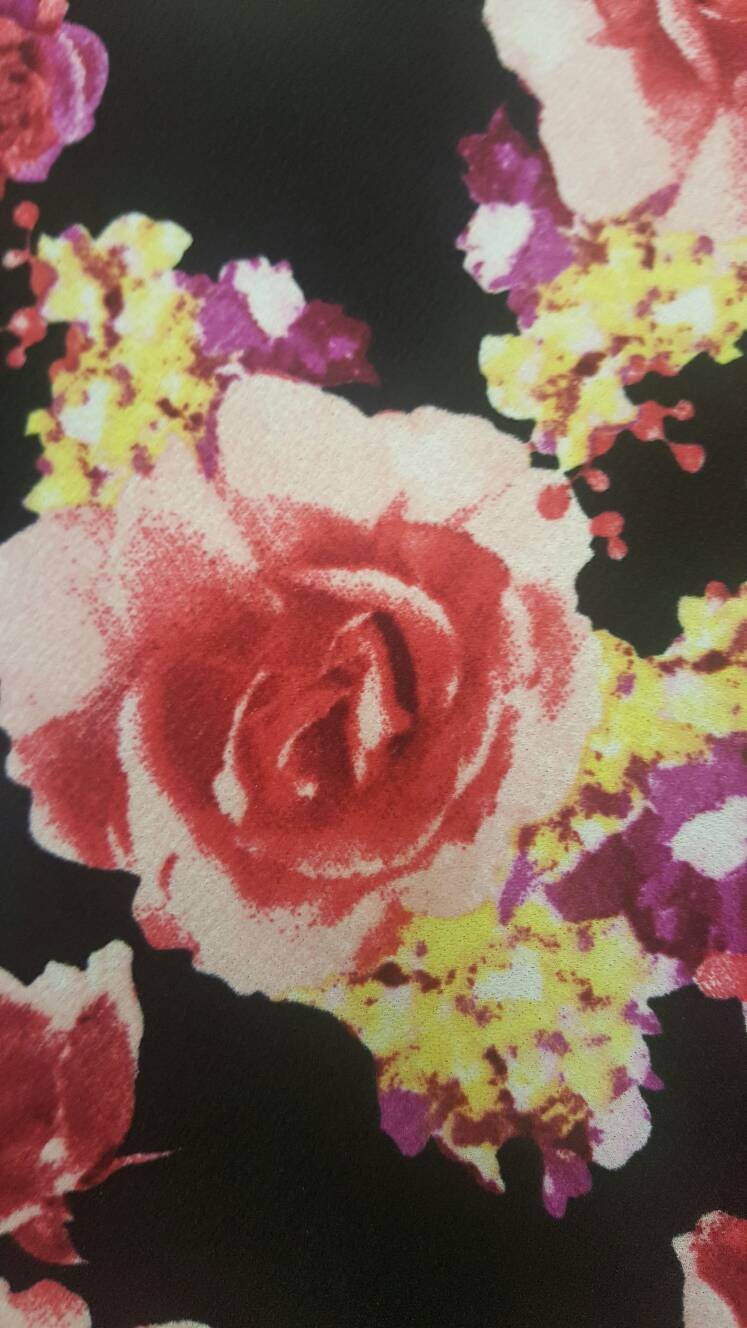 Stretch Liverpool Floral Fabric Black Pink Yellow