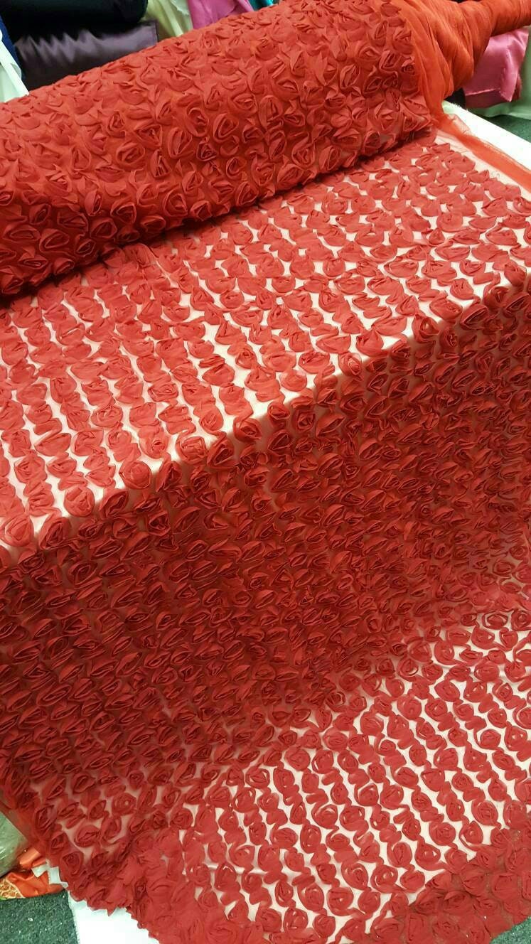 Floral Lace Chiffon on Mesh Red